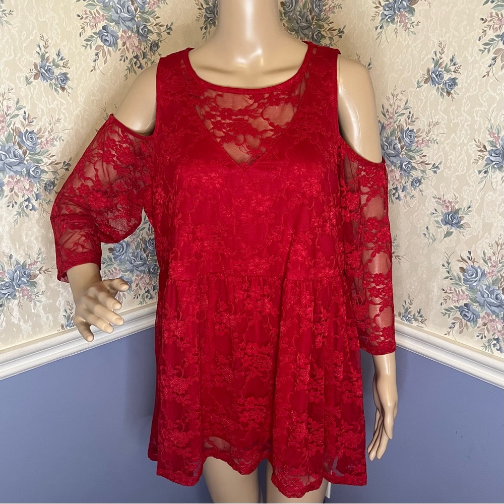 Torrid Rumba Red Babydoll Stretch Lace Cold Shoulder, Size 1